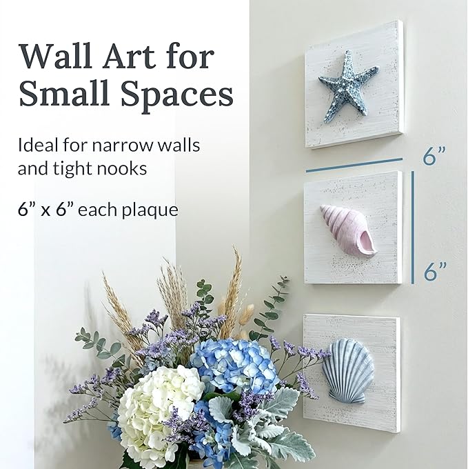 Tide and Tales 3D Beach Wall Art - Seashell with Starfish for Coastal Bathroom Decor, Ocean Inspired Decor for Bathroom, Coastal Bedroom, Living Room or Beach House, Set of 3 (6”x 6”)