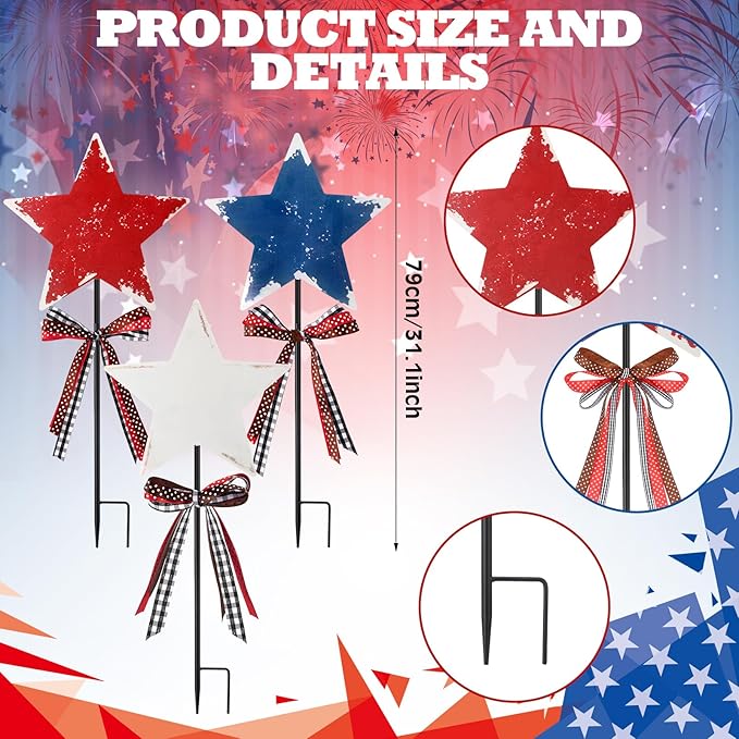 Amyhill 4th of July Outdoor Decorations Decor Patriotic Star Metal Garden Stakes Welcome Yard Signs Retro Red White Blue Garden Stakes for 250th Anniversary Patio Lawn Walkway Outside