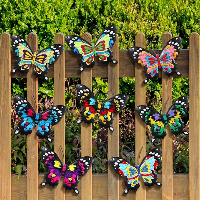 8 Pcs 3D Metal Butterfly Wall Decor 5. 12 x 6. 69 Inches Colorful Butterfly Hanging Wall Art for Garden Yard Living Room Bedroom Patio Balcony Outdoor Fence Decoration(Stylish Style)