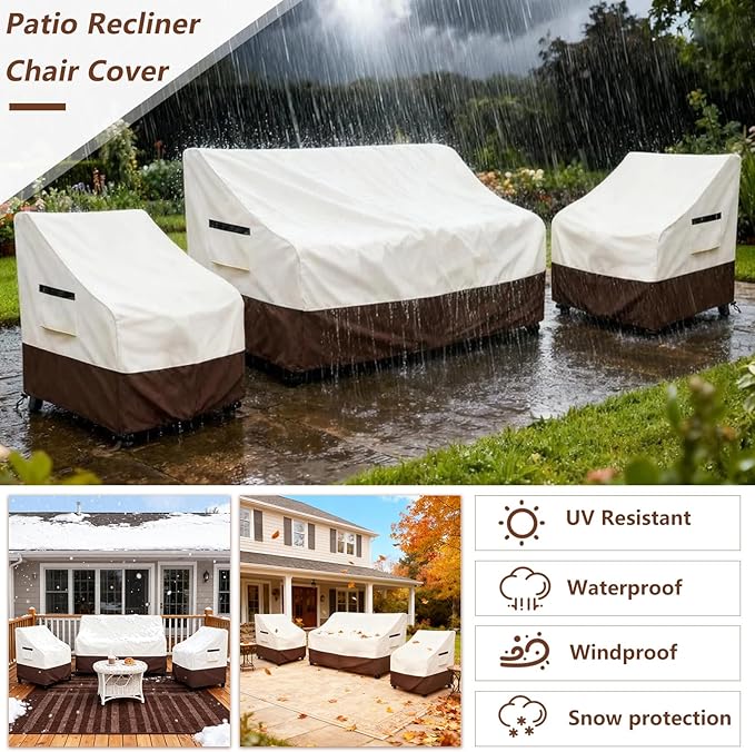 3-Piece Patio Furniture Covers Set,Heavy Duty 600D Waterproof Outdoor Furniture Cover,Includes 2 Patio Chair Covers (30in) and 1 Patio Loveseat Cover (58in),UV Protection, Windproof Design,Beige