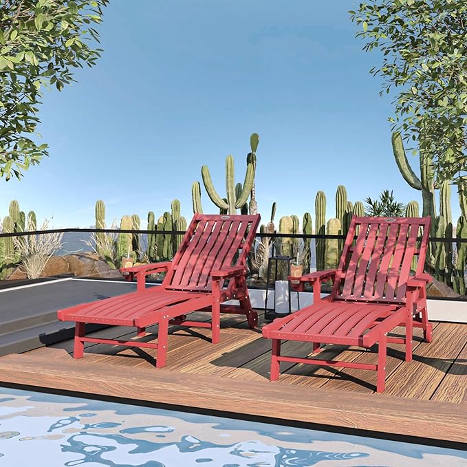 Patio Chaise Lounge Chair Set of 4, Oversized Lounge Chair Outdoor with 5 Positions, HDPE, Patio Lounge Chair with Wheels & Cup Holder for Pool, Deck, Poolside,Red