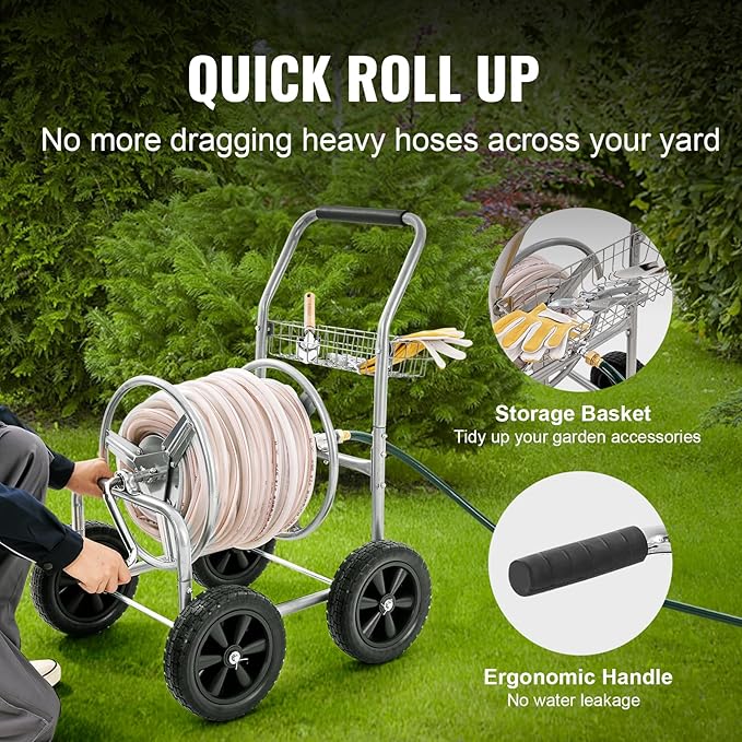 VEVOR Hose Reel Cart, Hold Up to 250 ft of 5/8’’ Hose, Garden Water Hose Carts Mobile Tools with 4 Wheels, Heavy Duty Powder-Coated Steel Outdoor Planting with Storage Basket, for Garden, Yard, Lawn