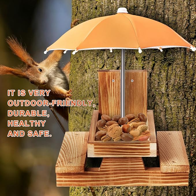 Gnodary Squirrel Feeder with Umbrella, Squirrel Feeders for Outside, Squirrel Picnic Table Feeder - Chipmunk Feeder Hold Corn, Corn Cob, Peanuts Style2 (Bright Orange)