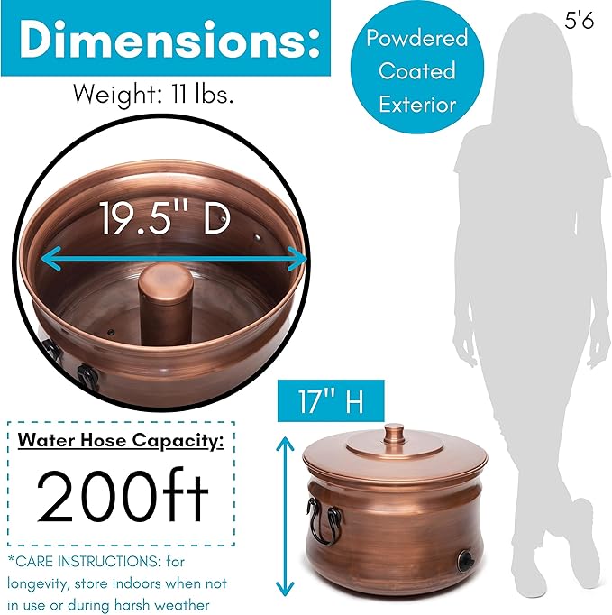 BIRDROCK HOME Water Hose Holder - Decorative Metal Pot, Indoor or Outdoor, Garden Storage Organizer, Patio Portable Bucket - Antique Copper, Holds up to 200ft Hoses, Large with Lid