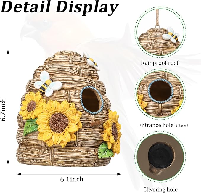 Resin Bird House for Outside, Birdhouses for Outdoors Bird Nesting, Decorative Bird Houses for Yard Garden Decor, Water Proof (Sunflower Thatch)