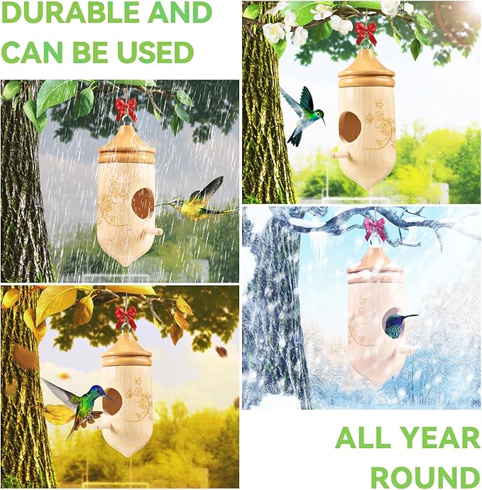 Hummingbird House, Solid Wood Hummingbird Houses for Outside-Exquisitely Handcrafted Birdhouse with Ribbon and String Hanging Kit, Durable Garden Decor, Perfect Gardening Gift (Style-D, 3 Pack)