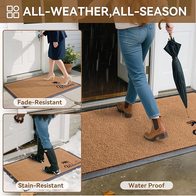 Dirt Trapping Welcome Door Mats, 17x30 Durable Non-Slip Indoor Door Mat Outside Entrance, Low Profile Easy Clean Outdoor Doormat for Patio Porch Front Indoor Entryway, Brown