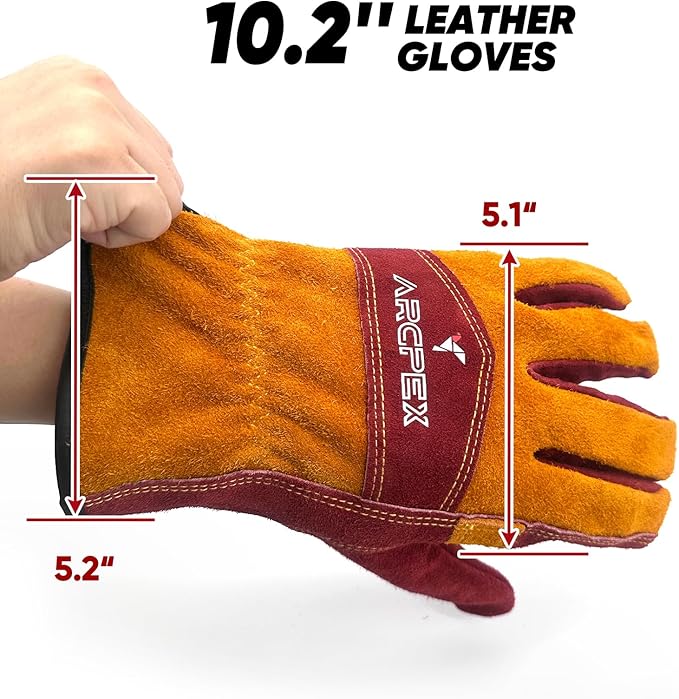 10IN Leather Work Gloves, Heavy-Duty Welding Gloves for MIG TIG Welding, Gardening, Construction, Farm, Wood Chopping Cowhide with Cotton Liner Safety Thorn Proof Gloves Hand Protection(Large)