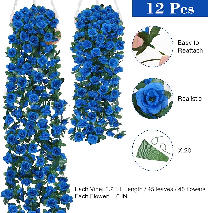 BLEUM CADE 12Pcs 98.4Ft Flower Garland Artificial Rose Vines for Bedroom, Cute Fake Hanging Flower Vines Floral Garland Decorations for Wedding Party Wall Room Decor Aesthetic