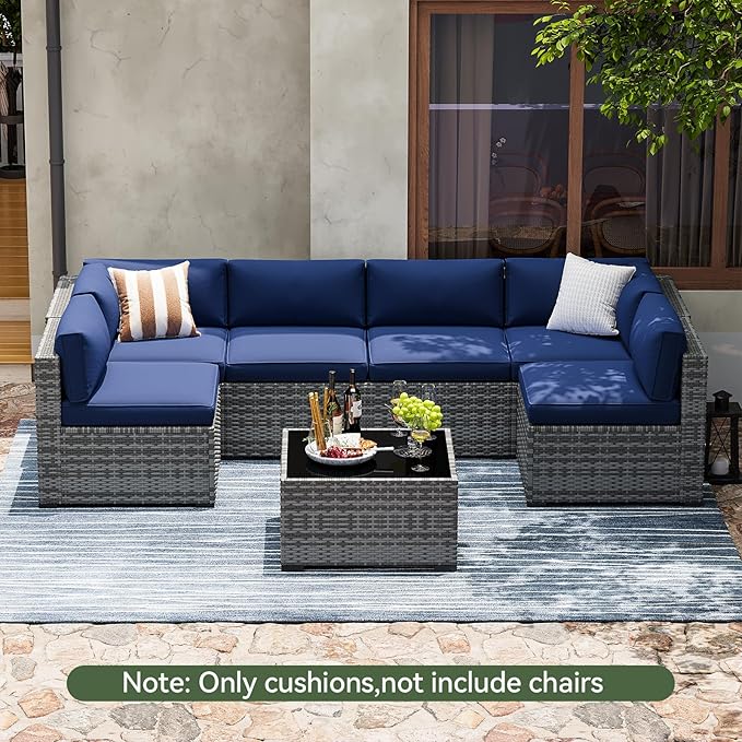 Aoxun Replacement Cushions for Outdoor Furniture, 14-Piece Outdoor Cushions for Patio Furniture, Deep Seat, Waterproof & Fade Resistant Couch Cushion for 6-Seat Patio Conversation Sets, Navy Blue