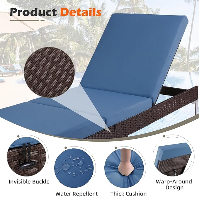HOMREST Outdoor Lounge Chairs Set of 6, Patio Wicker Chaise Lounge with Removable Cushion, Rattan Pool Sunbathing Recliners with Adjustable Backrest (Navy Blue)