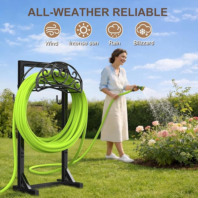 Freestanding Garden Hose Stand, Heavy Duty Water Hose Holder with Tool Hooks, 4 Anchoring Spikes, 150 ft Storage for Yard & Lawn