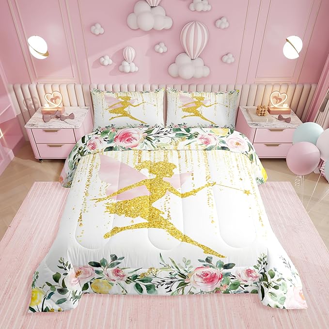 Erosebridal Floral Fairy Twin Comforter Set,Fairy Garden Flower Bedding Sets for Girls Kids,Coquette Dreamy Flowers Quilt Bed Set,Pink Princess Bedroom Decor,1 Pillowcase Breathable