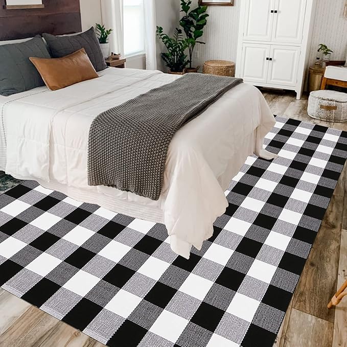 Buffalo Plaid Outdoor Rugs, 5'x7' Black and White Checkered Area Rug, Washable Cotton Woven Indoor/Outdoor Rug for Farmhouse/Patio/Front Porch/Living Room/Laundry Room/Bedroom Décor