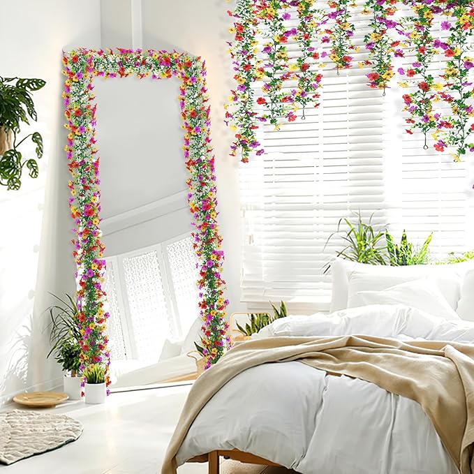 2 Pack Artificial Daisy Flower Garland,5.9FT UV Resistant Fake Floral Vine Silk Hanging Spring Wild Flower Garland for Home Mantle Garden Wedding Booth Backdrop Decor (Red Yellow Purple)