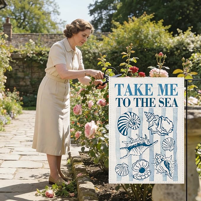 Nautical Conch Shell Decorative Garden Flag, Coastal Beach Take Me To The Sea Small Yard Outside Decorations, Summer Blue Stripes Ocean Burlap Outdoor Home Decor Double Sided 12 x 18