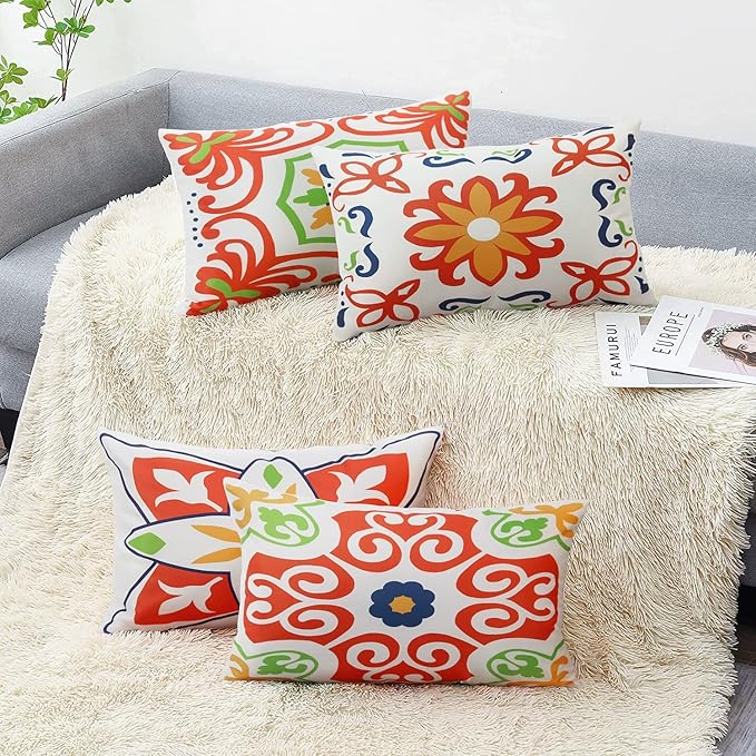 Pyonic Outdoor Waterproof Throw Pillow Covers for Patio Furniture Decorative Boho Pillow Covers 12x20 Floral Printed for Patio Tent Couch Garden Set of 4,Orange