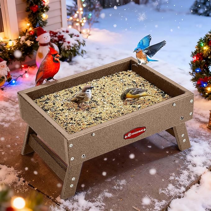 Kingsyard Ground Bird Feeder for Outdoors - Recycled Plastic Platform Feeder for Wild Birds, Squirrels, Chicken, 5 LBS Large Capacity, Brown