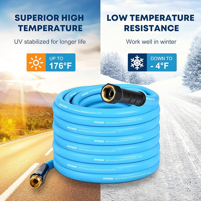 Kohree 35FT RV Water Hose with Storage Bag, 5/8'' Upgraded Drinking Water Hose Leak Free, No Kink and Flexible Garden Hose for RV, Camper, Truck, Car - Blue