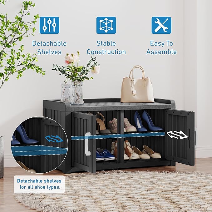 KAMABOKO Outdoor Shoe Storage Cabinet, Waterproof UV-Resistant Entryway Storage Bench Indoor Outdoor with 2 Barn Doors, Adjustable Shelves for Entryway, Bedroom, Hallway,Living Room(Black)