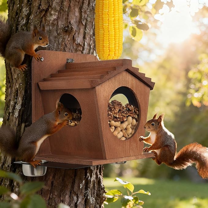 Wood Squirrel Feeder, Durable Hanging Squirrel Boxes for Outside Large Capacity Outdoor Squirrel House for Corn Cobs, Peanuts & Nuts - Funny Feeding Station for Squirrels & Chipmunks