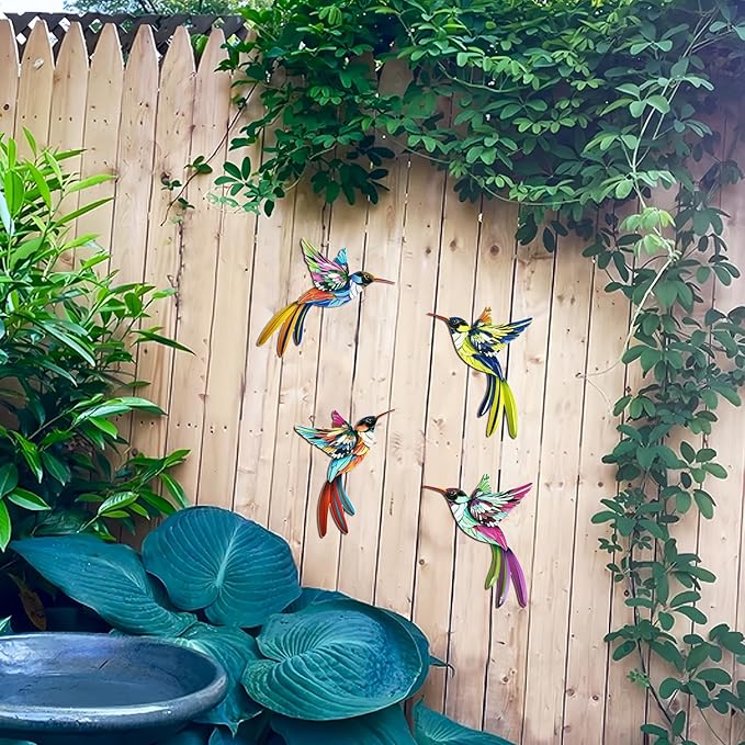 WHBIMGOOO 4 Pack Metal Hummingbird Wall Art Decor, 3D Colorful Birds Outdoor Sculpture for Garden Fence, Backyard, Outdoor Wall, Patio and Balcony, Great Gifts for Family Friends