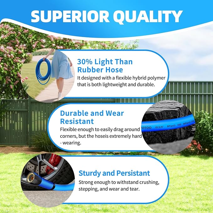 YOTOO Heavy Duty Hybrid Garden Water Hose 5/8-Inch by 25-Feet 150 PSI Kink Resistant, Flexible with Swivel Grip Handle and 3/4" GHT Solid Brass Fittings, Blue
