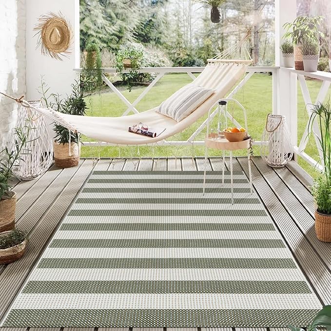 Green and White Striped Outdoor Rug 4x6 ft, Washable Cotton Woven Patio Rug, Reversible Foldable Front Porch Decor Indoor Outdoor Rugs for Farmhouse/Living Room