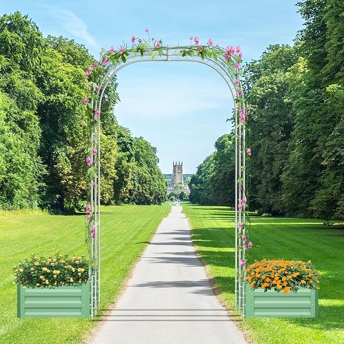 SUNYRISY Galvanized Raised Garden Bed with 87" H Arch Trellis for Climbing Plants Outdoor, Metal Planter Box with Netting for Gardening Flowers Vegetables Fruit, Green