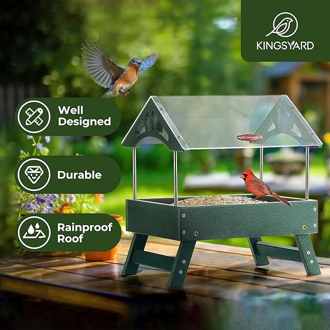 Kingsyard Ground Bird Feeder for Outdoors - Recycled Plastic Platform Feeder for Wild Birds, Rainproof Squirrel Feeders, 5 LBS Large Capacity, Green