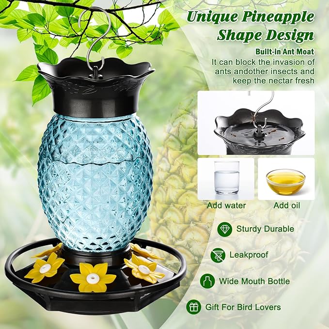 Glass Hummingbird Feeders for Outdoors Hanging Ant and Bee Proof 16OZ 2 Pack Blue Pineapple Humming Bird Feeder with 6 Feeding Ports and Ant Moat Hummingbird Gifts for Women Garden Decor