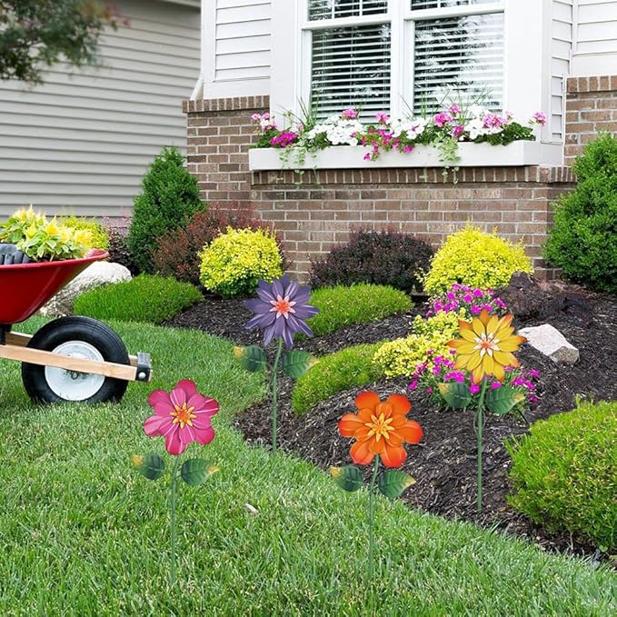 hogardeck Metal Flower Decorative Garden Stakes,4 Pcs 19" Outdoor Garden Decor with Shaking Flower Head Yard Stakes, Yard Art Spring Decorations for Patio Lawn (Pink & Yellow & Purple & Orange)