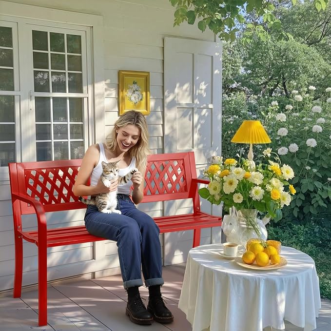 Outvita Outdoor Bench, 47" Iron Steel Frame Garden Bench with Mesh Pattern and Plastic Backrest Armrests, Patio Bench for Garden Park Yard Front Porch Patio, Red