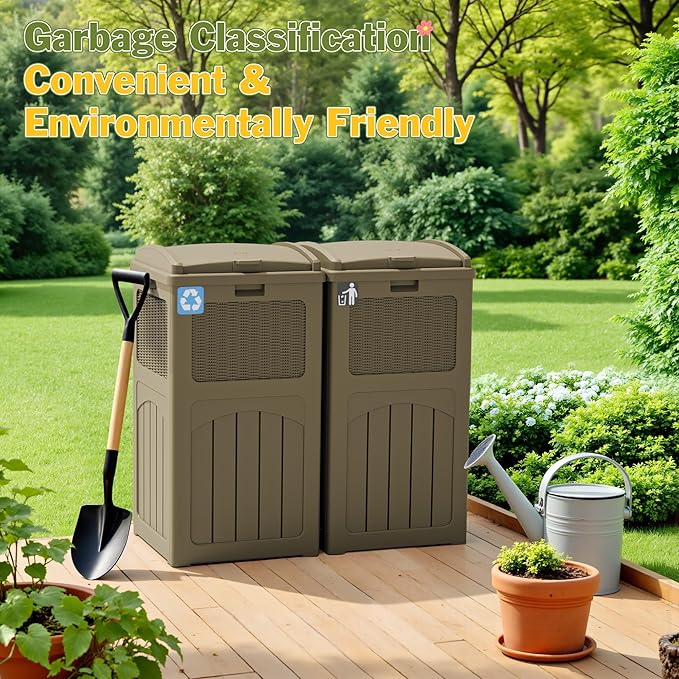 Greesum 33 Gallon Outdoor Trash Can with Lid, Waterproof Resin Garbage Bin for Hideaway, Patio, Deck, 2 Pack, Light Brown