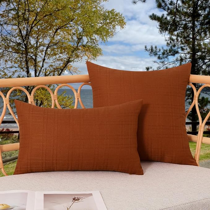 Kevin Textile Pack of 2 Outdoor Waterproof Pillow Covers Checkered Decorative Cushions Sham Throw Pillowcases Shell for Patio Tent Garden Couch Bed Sofa 20x12 Inch Burnt Orange