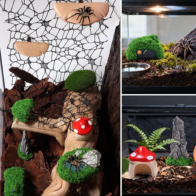15 Pcs Jumping Spiders Hide Accessories, Jumping Spider Bridge Web Net, Mini Mountain Pond Trees Lawn Figurines Garden Mushroom Platform Decorations for Jumpings Spider Habitat Tank Enclosure Decor