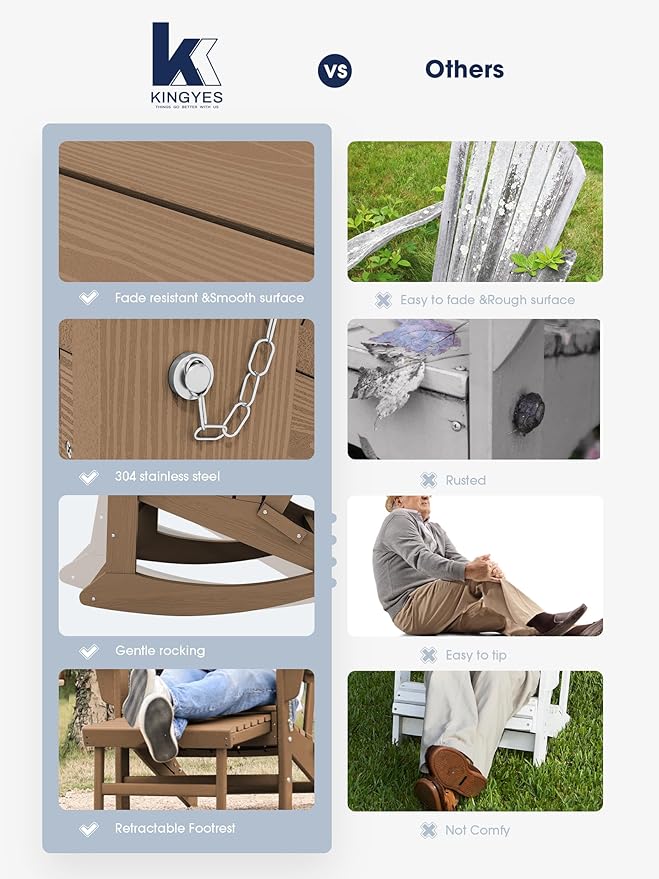 KINGYES Adirondack Rocking Chair with Retractable Ottoman and Cup Holders, HDPE Adirondack Rocker Patio Rocking Chair for Porch, Patio, Balcony, Brown