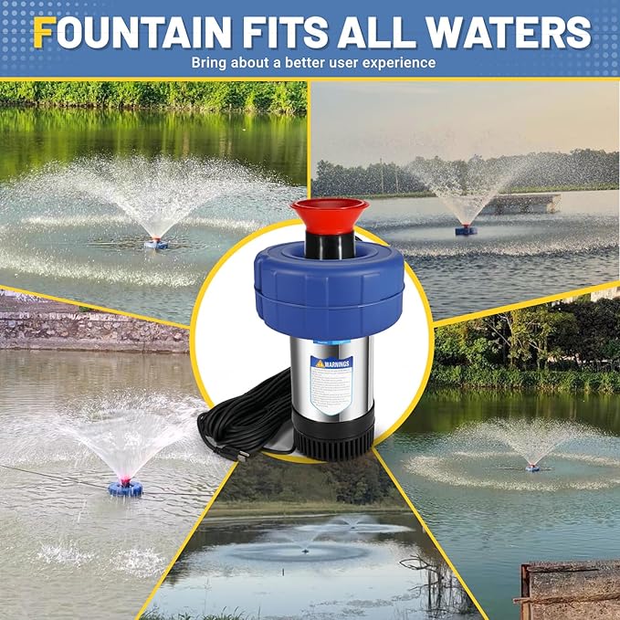Pond Aerator Fountain, 15000 GPH 1HP 110V 750W Floating Fountain Pump, Fit for Large Small Outdoor Ponds Lakes - with 100 Feet Power Cord & Timer Fully Automatic Stainless Steel Aerator