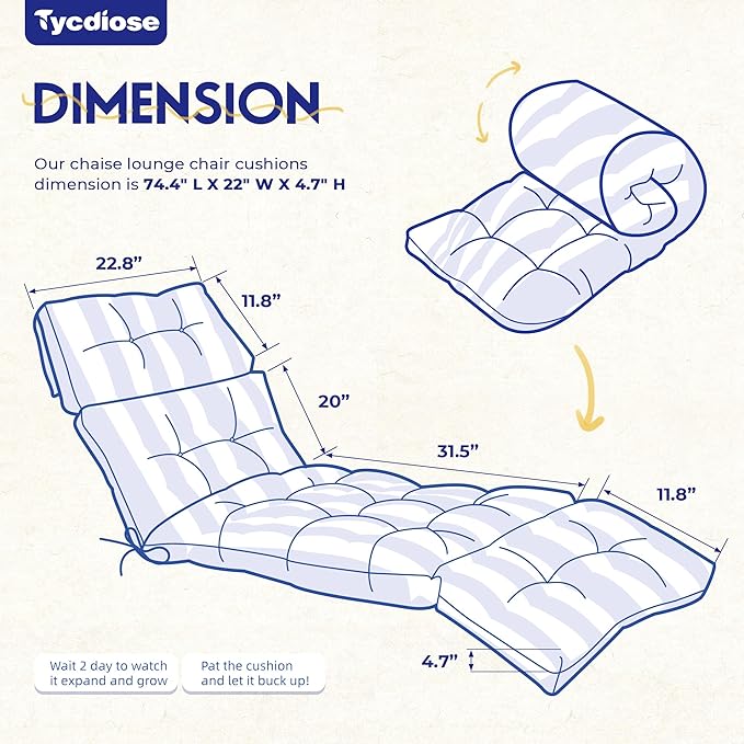 Chaise Lounge Cushions Outdoor Set of 2, 74.4 x 22 x 4.7 Inch Thickened Lounge Chair Cushions Waterproof for Outdoor Furniture with Ties, Non-Slip Patio Pool Lounge Cushion, Stripe Blue&White