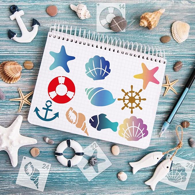70pcs Ocean Stencils for Painting on Wood & Canvas - Summer Beach, Nature & Palm Tree Patterns (70 Beach)