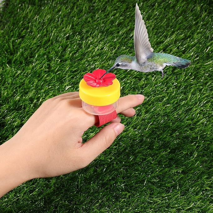 Zopeal 4 Pieces Hummingbird Wrist Feeder for Outdoor Hummingbird Hand Feeder Feeding Perch Feed with Adjustable Strap Flower Held Mini Hand Feeding Tools (Ring Style)