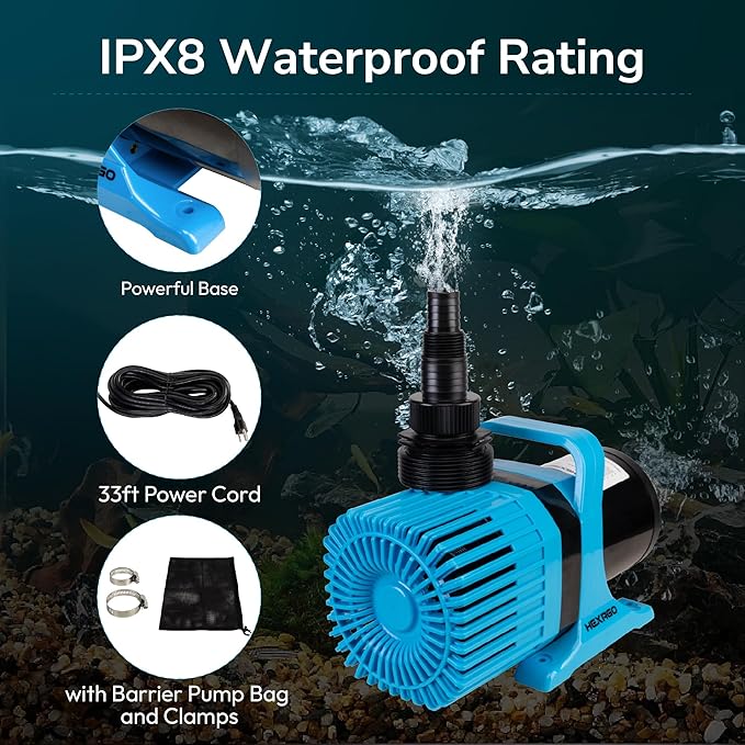 Hexago 5300GPH Submersible Water Pump, 450W Water Pond Pump with Barrier Bag, 33FT Power Cord, 25FT Lift Quiet Water Garden Pumps for Pond, Waterfall, Fountains, Fish Tank and Hydroponic, UL Listed