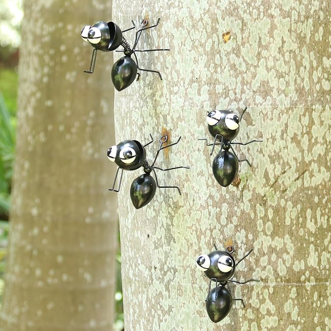 Metal Yard Art Garden Decor Cute Ant Outdoor Fence Decorations Lawn Ornaments - Set of 4 Black