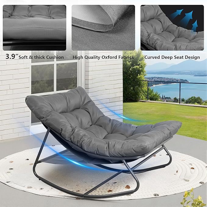 NOBLEMOOD Oversized Rocking Chairs Set of 2, Outdoor & Indoor Papasan Rocking Chair with Thick Cushions, Metal Rocker Chair Set for Living Room, Patio, Porch, Garden, Backyard