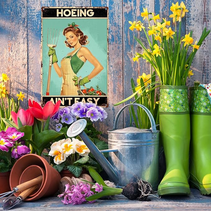 Funny Garden Metal Sign - "Hoeing Ain't Easy" - 8x12 Inch Rust Resistant Aluminum Wall Decor - Rustic Farmhouse Art for Vegetable Patch, Potting Shed, or Fence