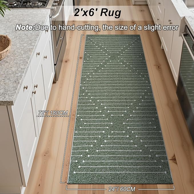 LIVEBOX 2x6 Green Entryway Runner Rug, Hallway Kitchen Cotton Woven Runners, Washable Narrow Rugs for Laundry Room (Dark Green & White)