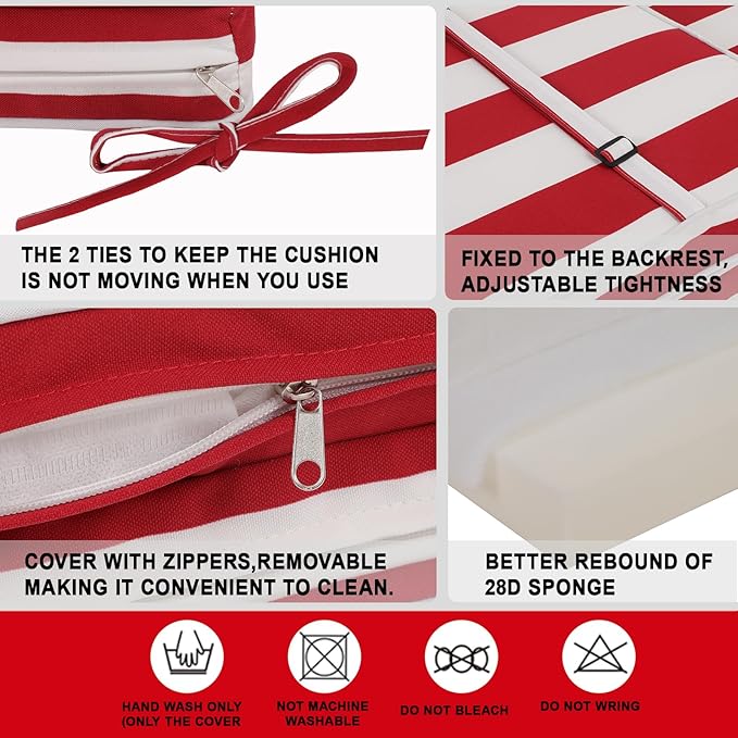 Only choice 2 Pcs Set Outdoor Lounge Chair Cushions Patio Chaise Lounge Replacement Cushions Furniture Seat Cushions Chair Pads(Red White Striped)