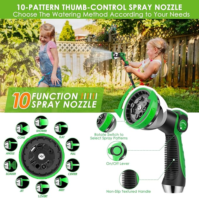 Non-Expanding Garden Hose 75 ft, Lightweight Hose & Flexible Water Hose With 10-Pattern Spray Nozzle, Kink-Free Design, Durable Leakproof Yard Outdoor Hose, Portable Storage Strap, 75 Feet