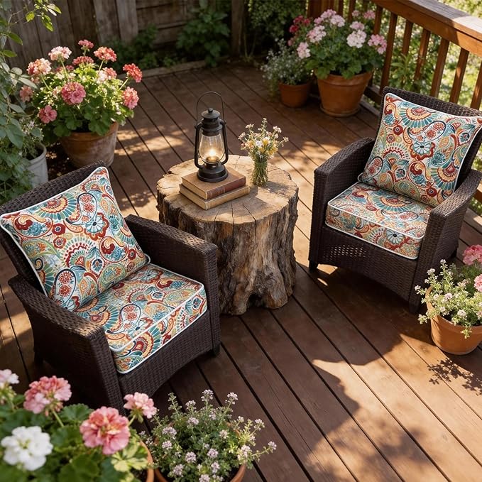 COZYVIDA Outdoor Deep Seat Cushion Set of 2, 22"x24" Seat & 23"x19" Back,Water-Resistant Breathable Fabric, UV-Resistant 1000+ Hrs, 30D Foam with Recycled Fiber Fill and YKK Zippers,Boho Paisley