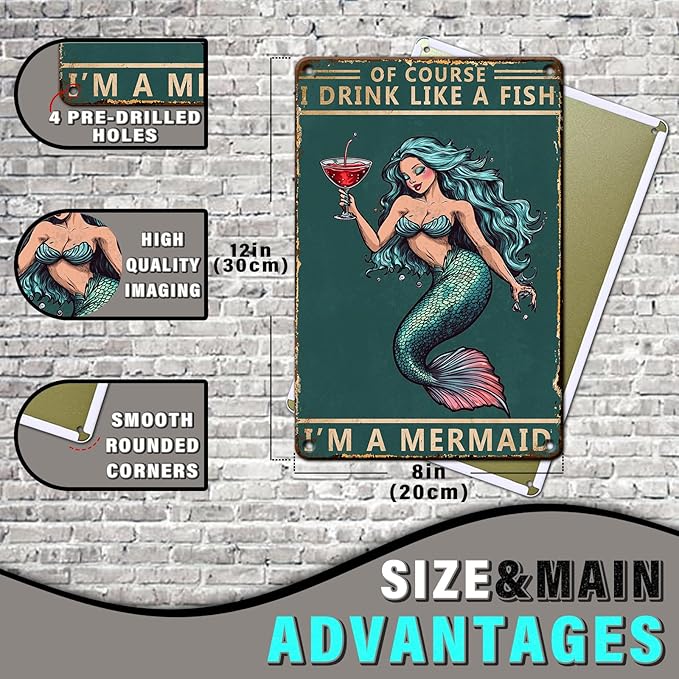 Vintage Mermaid Sign Course I Drink Like A Fish I'm A Mermaid Retro Metal Tin Sign for Home Coffee Wall Decor 8x12inch